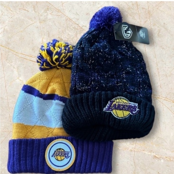 LA Lakers Bundle of 2 Mitchell & Ness + OTS NBA Logo Knit Cuffed Beanie Hats - Picture 2 of 11